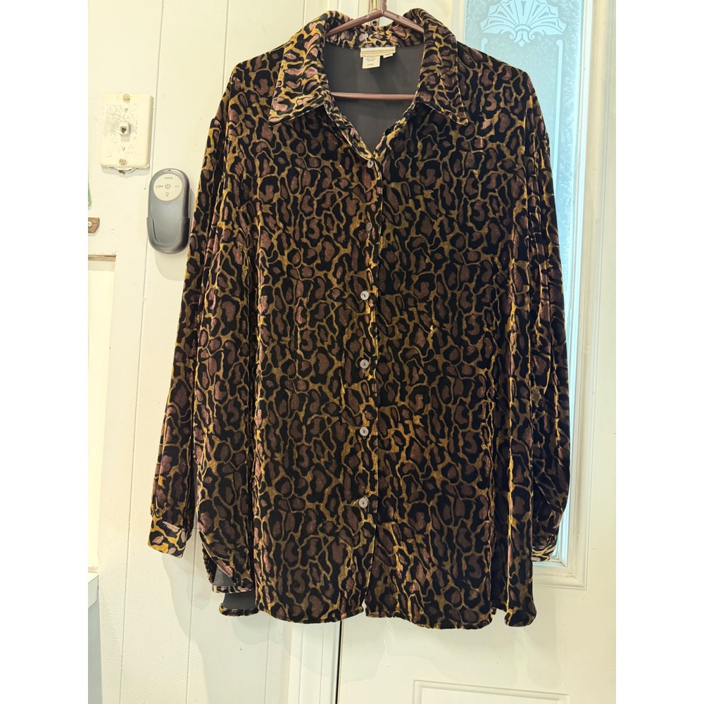 Coldwater Creek Leopard Print Velvet Silk Blend Button Front Shirt 1X Brown Gold